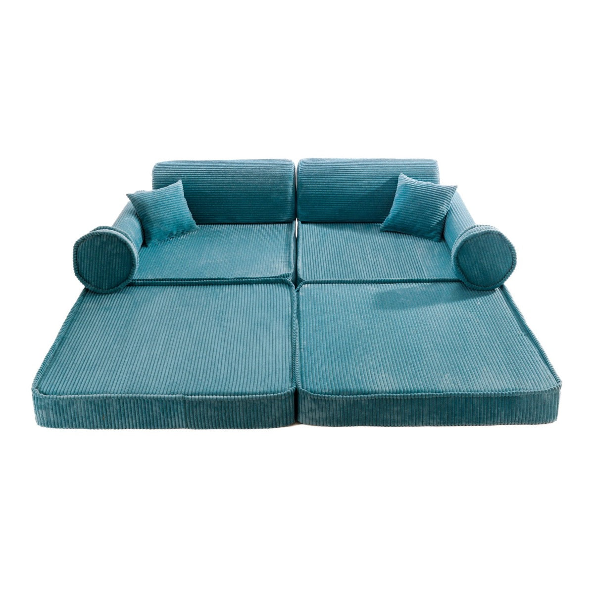 Turquoise corduroy modular sofa front view showing two-seat configuration with cylindrical armrests