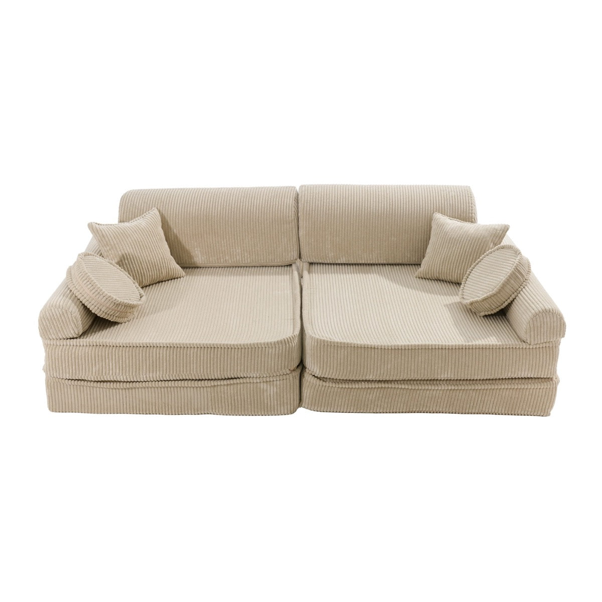 Ecru corduroy modular sofa front view with padded armrests and matching throw pillows