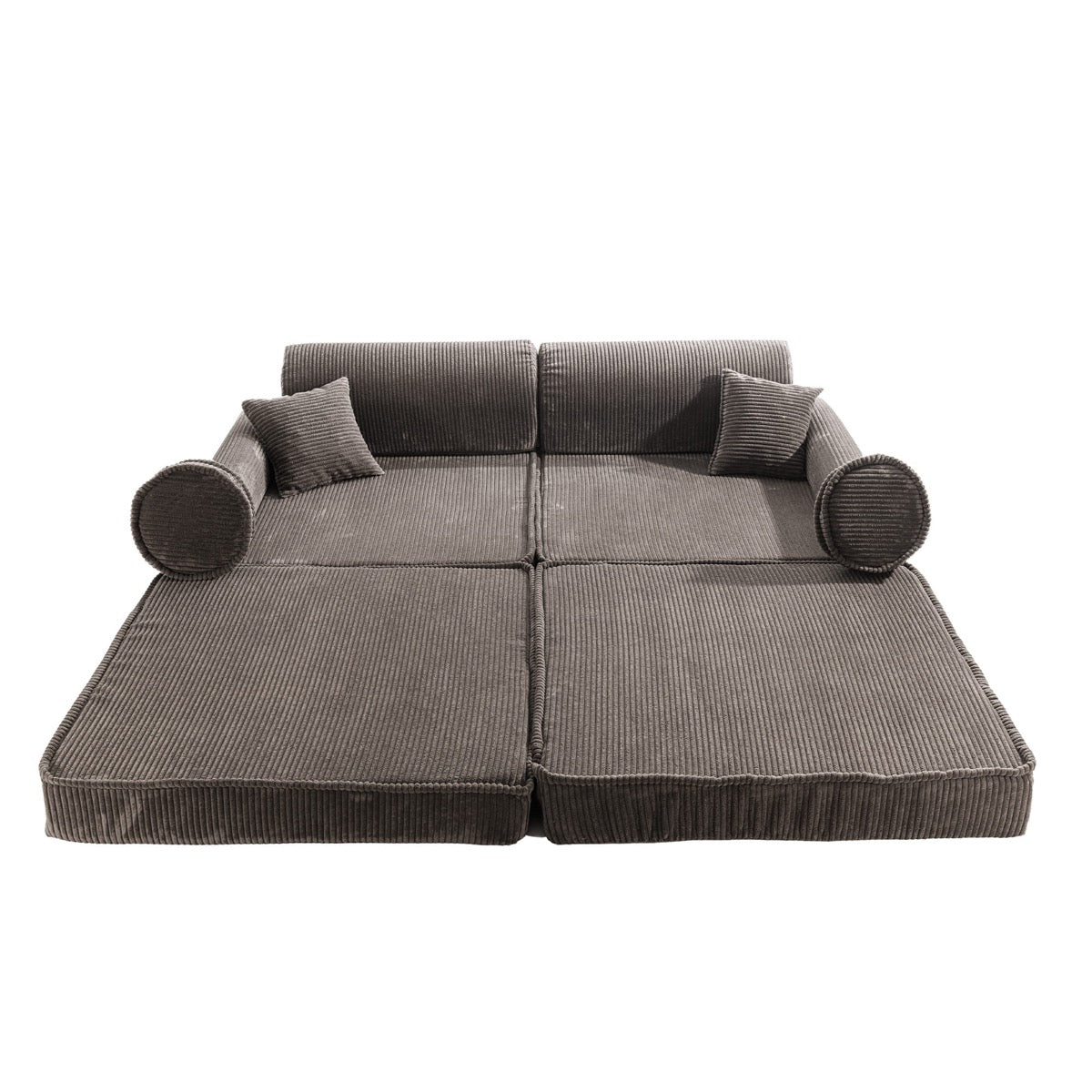 MeowBaby large modular sofa front view with brown corduroy and extended base cushions
