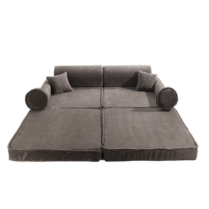 MeowBaby large modular sofa front view with brown corduroy and extended base cushions