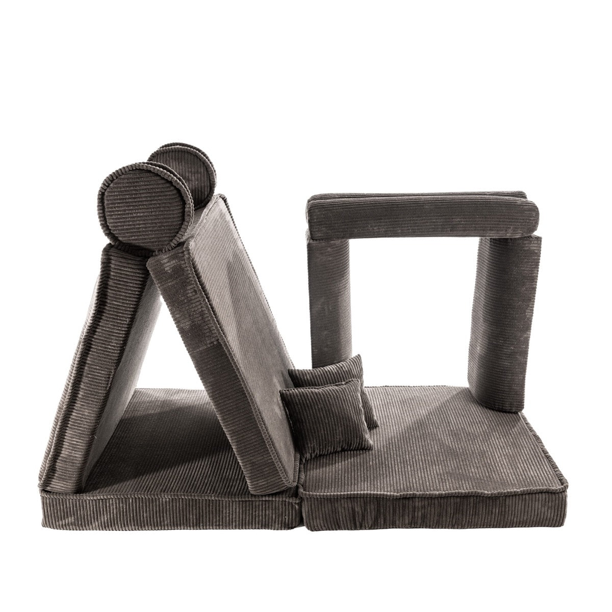 Brown corduroy foam modules arranged as playhouse tent with cylindrical and square pieces