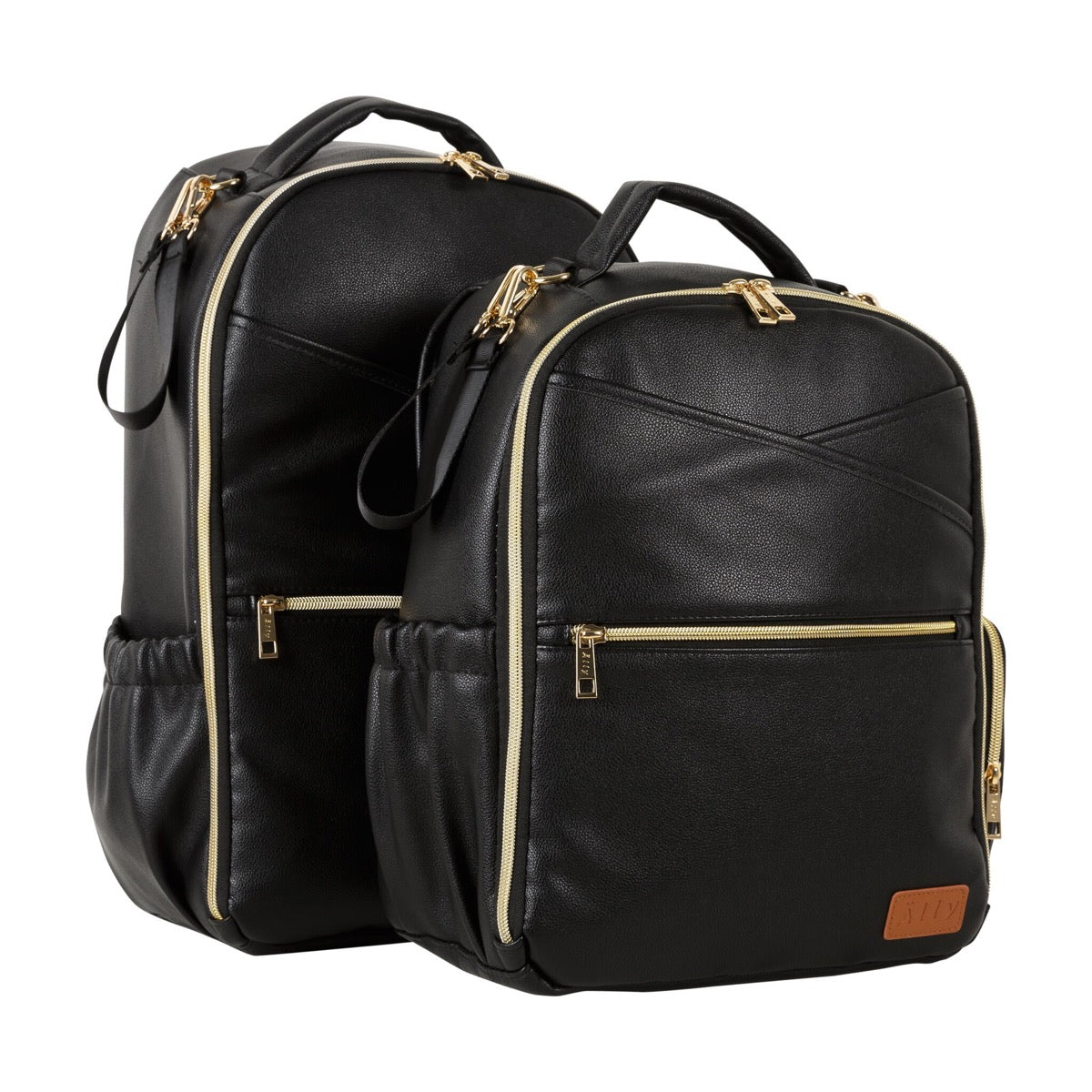 Two espresso diaper backpacks shown side-by-side in different sizes