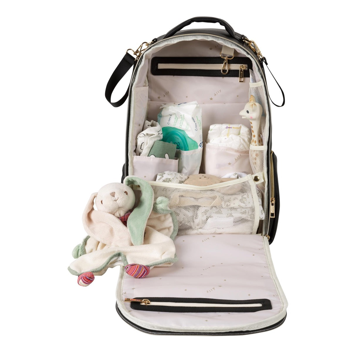 Opened espresso large diaper backpack revealing interior organization with toys and supplies