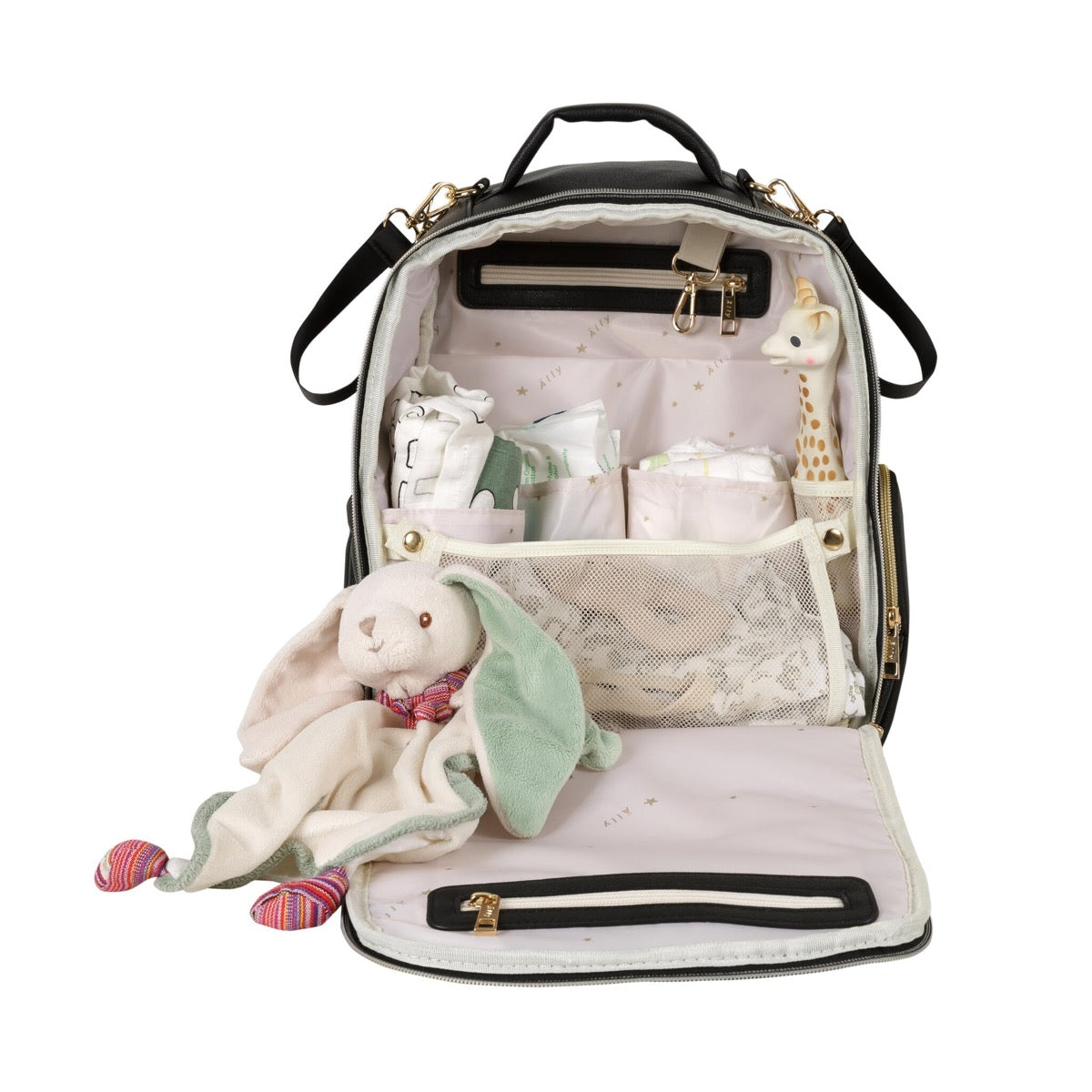 Diaper backpack interior fully stocked with toys and baby essentials