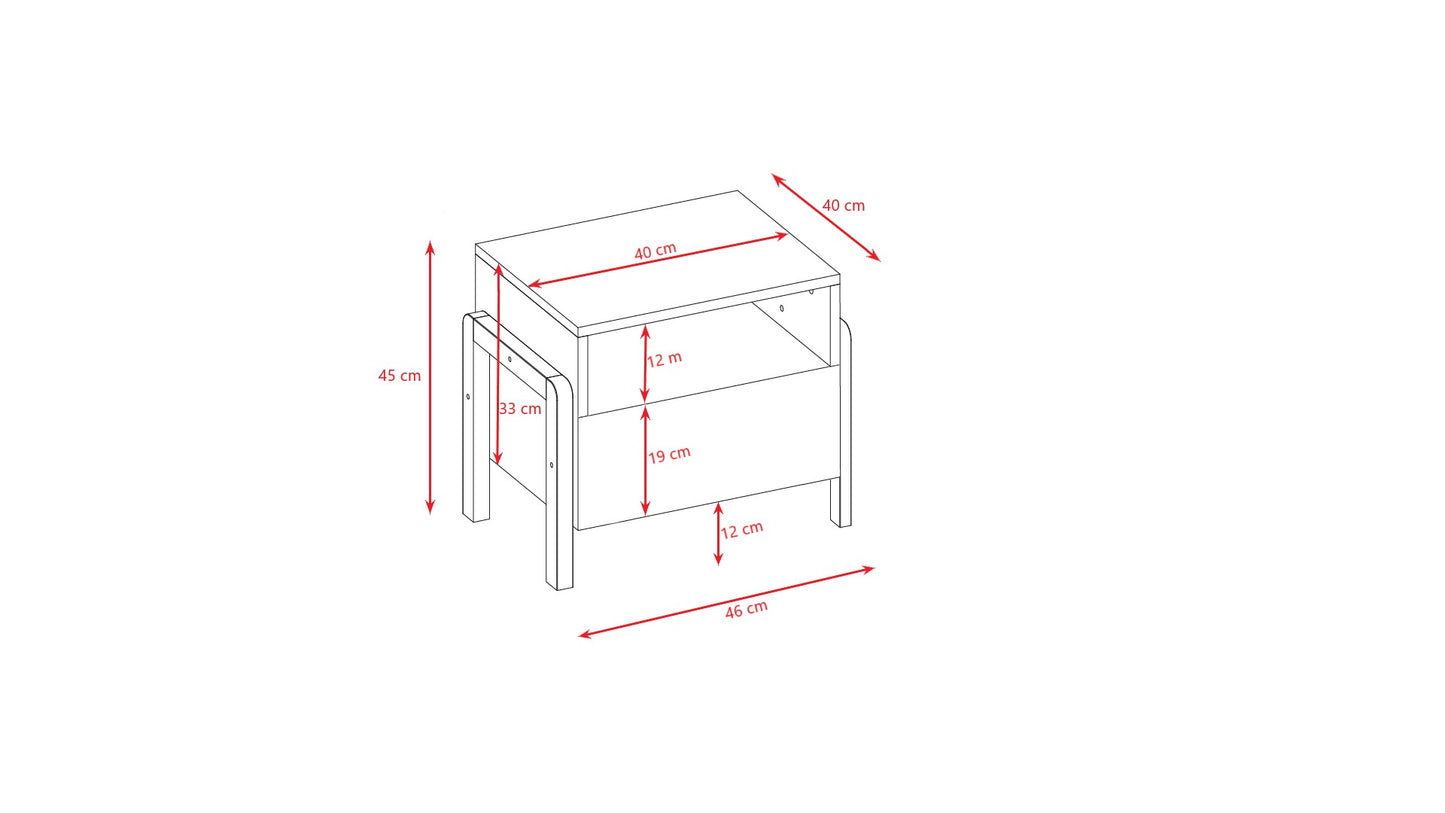 Dimension diagram of Victor nightstand showing height, width, depth and shelf measurements