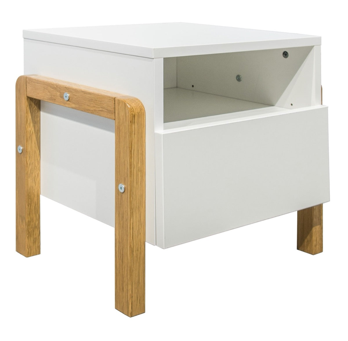 Victor bedside table with open shelf and drawer, displaying white finish and natural oak legs
