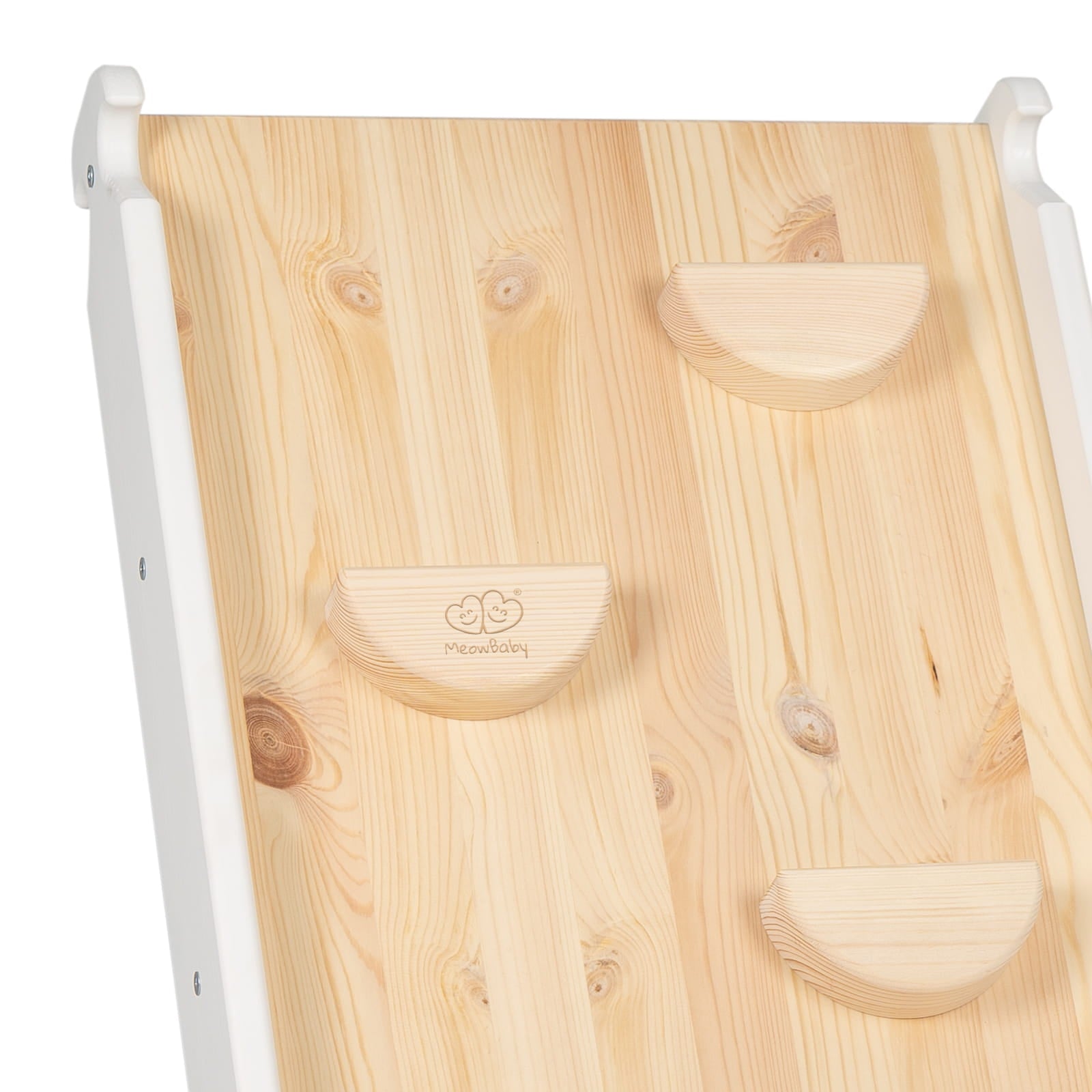 Natural wood slide panel with curved handholds and MeowBaby branding