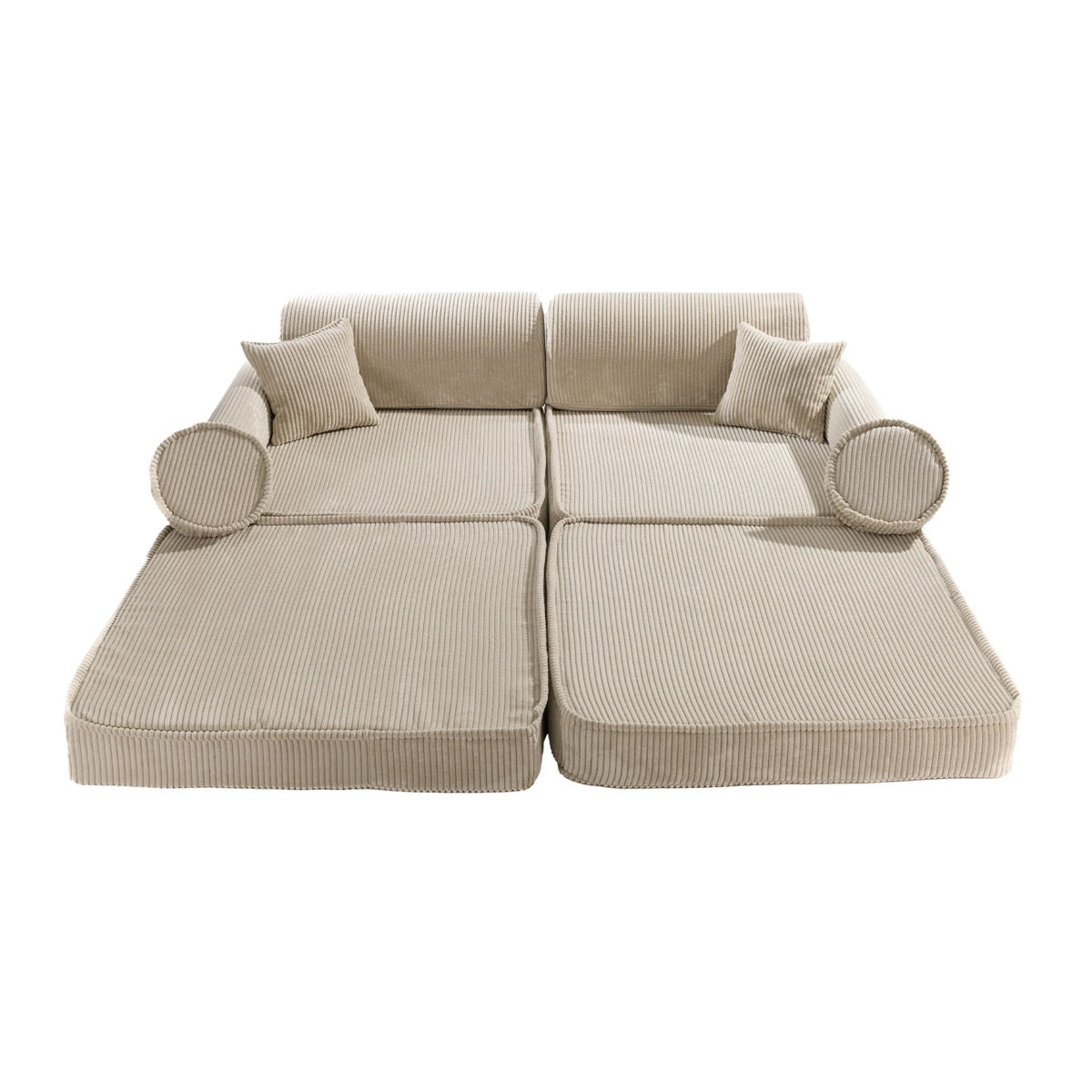 Large modular corduroy sofa in ecru with two-seat configuration and cylindrical armrests