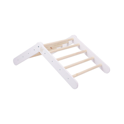 White wooden climbing ladder angled view showing rungs and construction