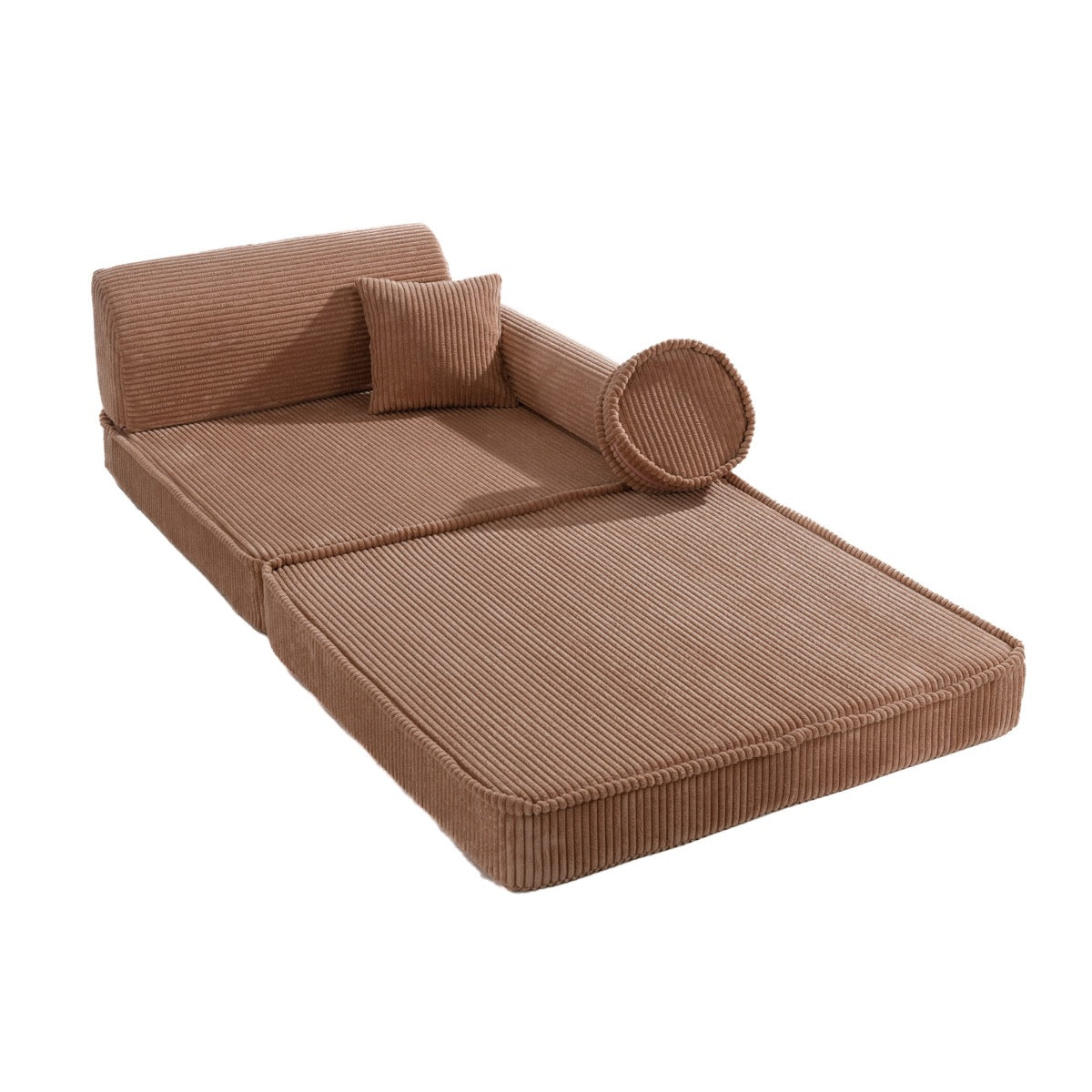 Powder pink corduroy kids sofa extended into bed configuration with cylindrical pillow, side view
