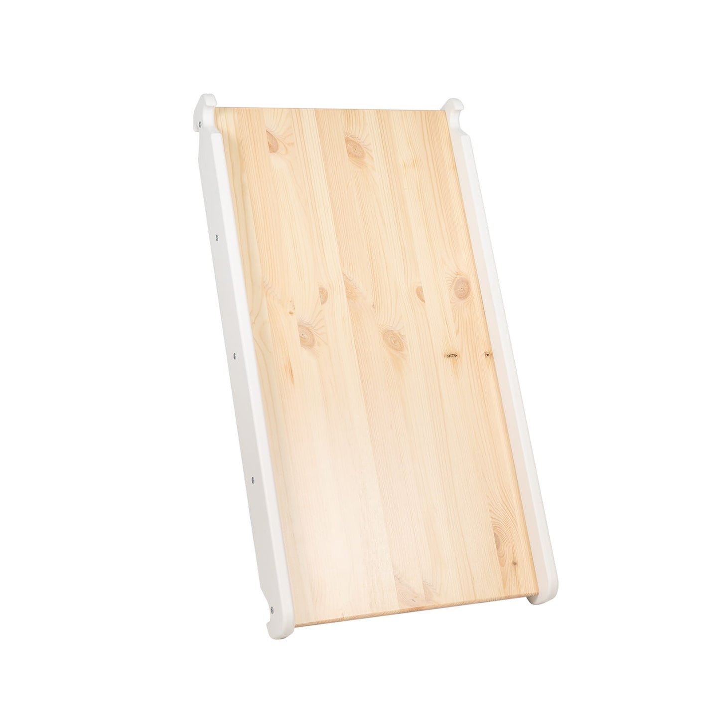 Natural wood slide panel inclined with white frame supports