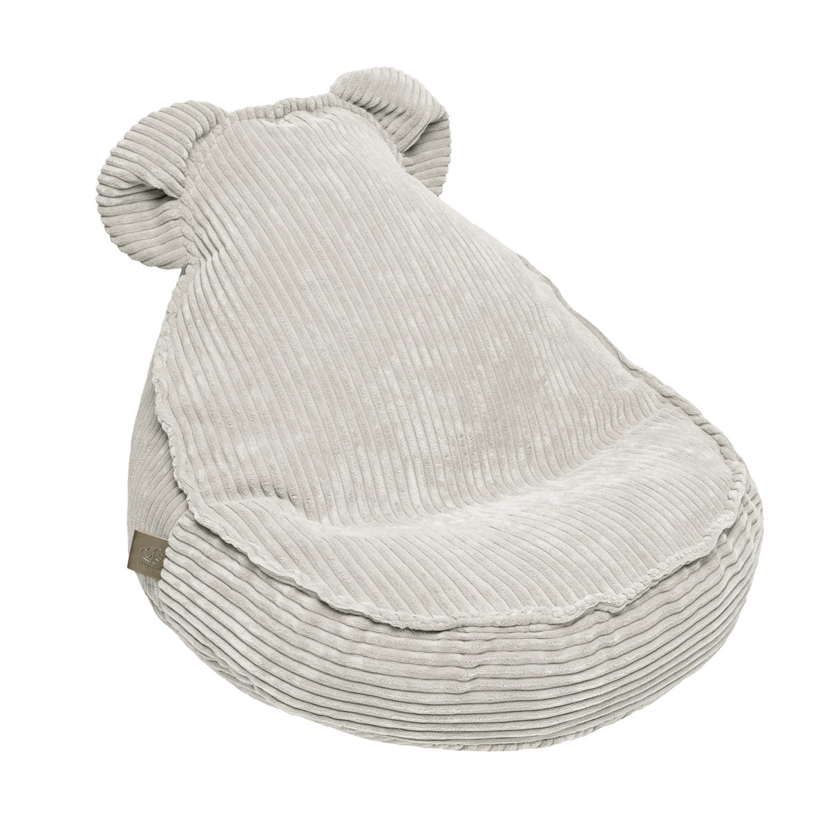 Ecru velvet teddy bean bag with ribbed fabric texture and rounded ear details in neutral cream color