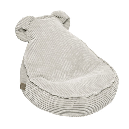 Ecru velvet teddy bean bag with ribbed fabric texture and rounded ear details in neutral cream color