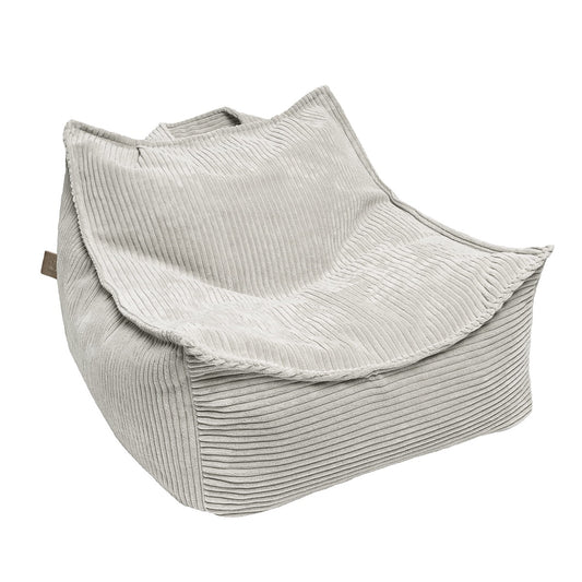Ecru velvet bean bag with ribbed texture and soft molded shape for toddler seating