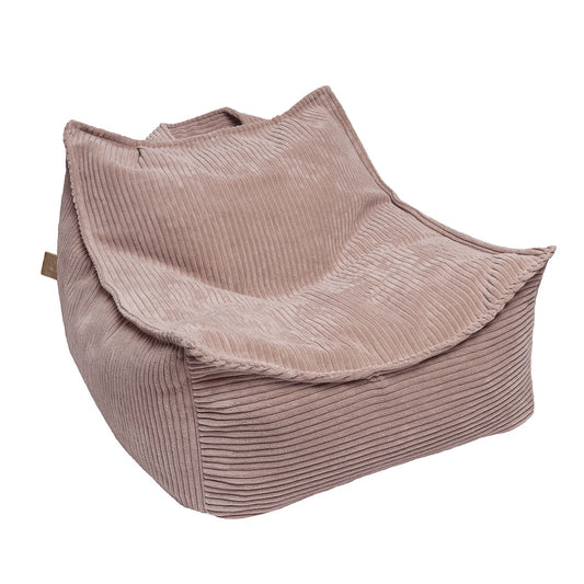 Powder rose velvet bean bag with textured fabric and curved seating surface for kids