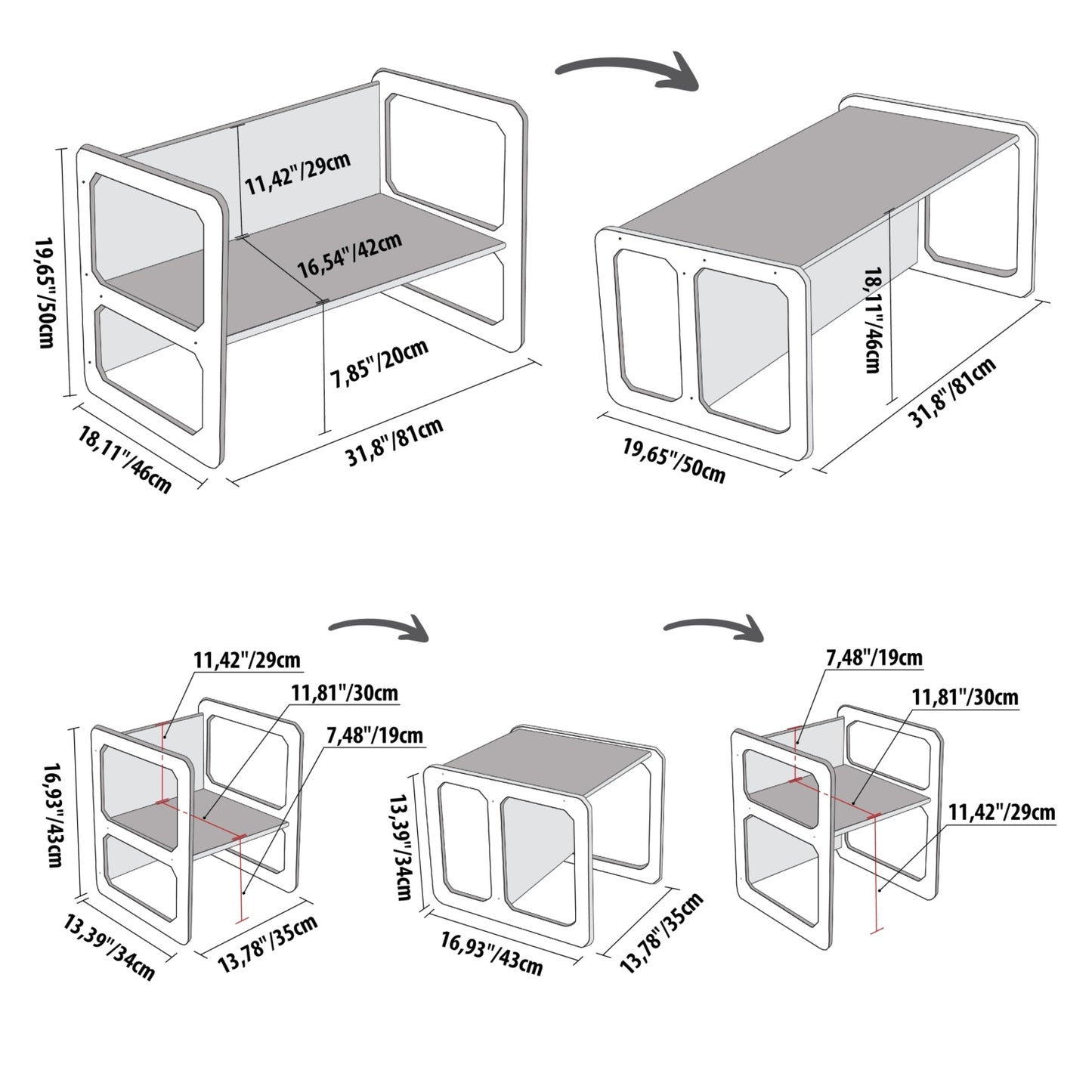 Dimension diagram showing measurements for Montessori table, chairs, and storage configurations