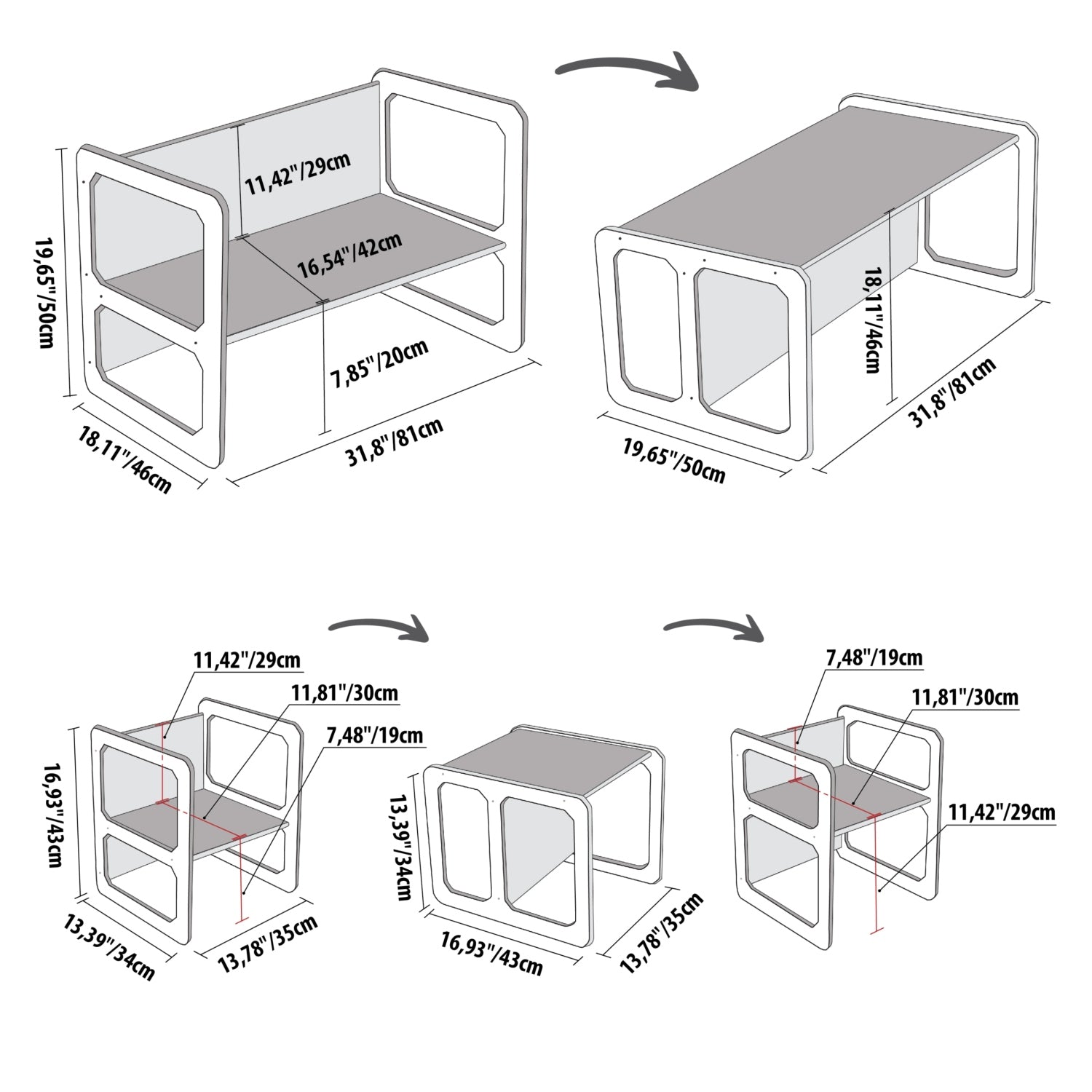 Dimension diagram showing measurements of Montessori weaning table and chair set