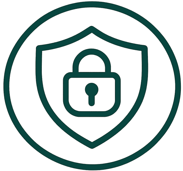 Shield icon with a lock inside a green circle on a white background