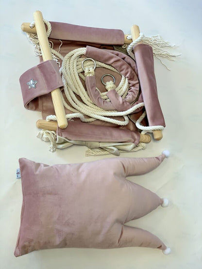 Kai aš mažas buvau Swing with Crown Shaped Cushion – Dusty Pink