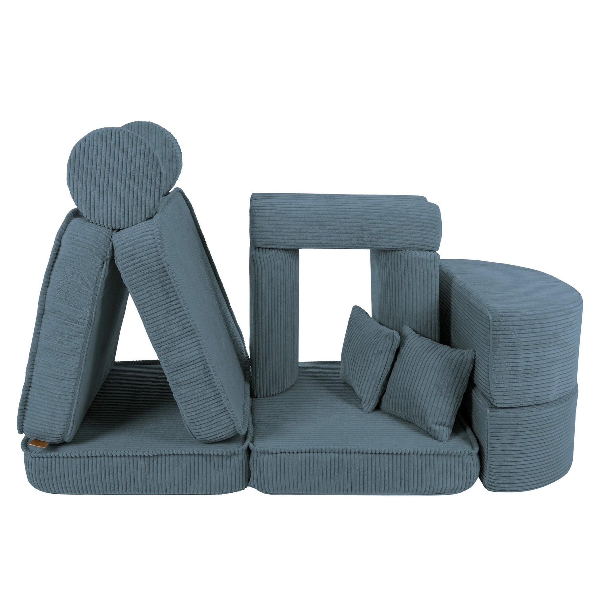 Medium modular kids sofa in turquoise with separate cushioned blocks arranged in playful configuration