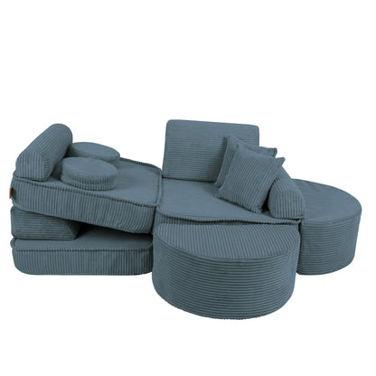 Turquoise modular sofa for kids shown in curved lounge setup with removable cushion pieces