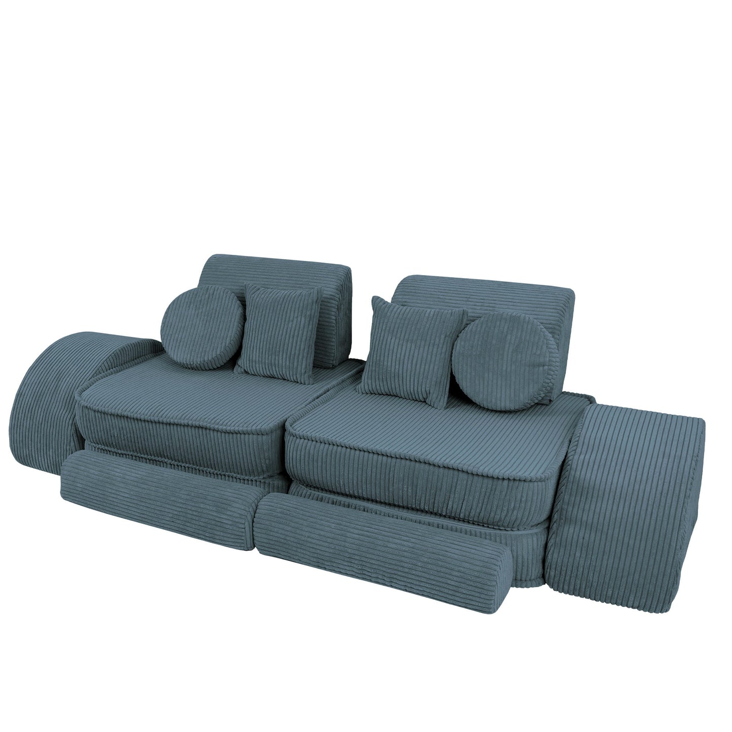 Kids modular sofa in turquoise arranged as two-seat lounger with back support and side cushions
