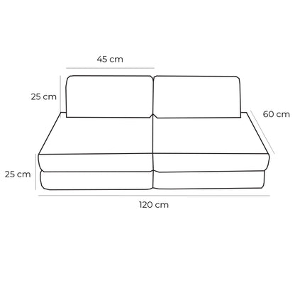 Small modular kids sofa dimensions diagram showing 120cm width, 60cm depth, and 25cm height
