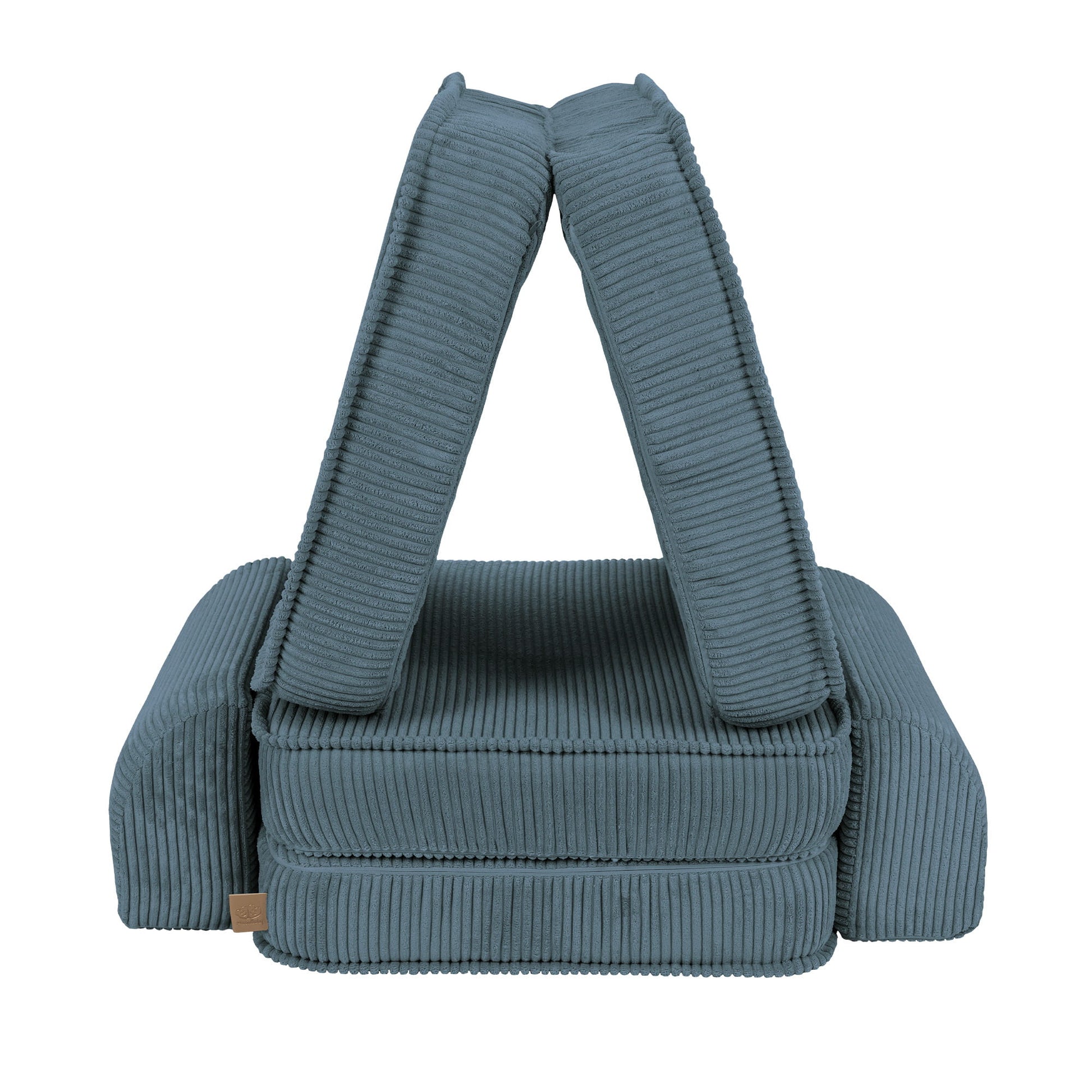 Turquoise modular kids sofa with carry handles shown from front view