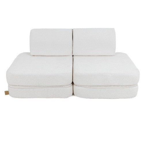 White boucle modular sofa for kids with two removable cushions and wooden feet