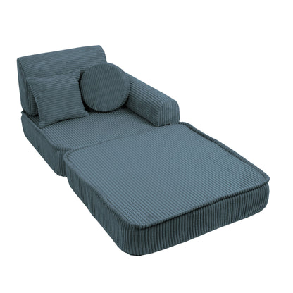 Turquoise modular sofa reconfigured into lounger with extended footrest and round pillow