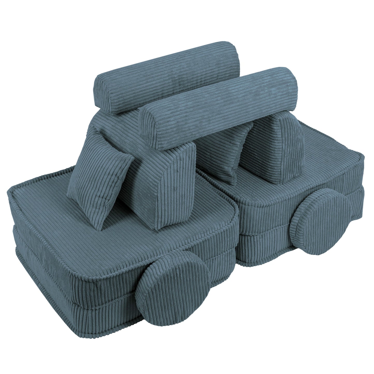 Modular sofa pieces arranged as toy train shape demonstrating flexible configuration options
