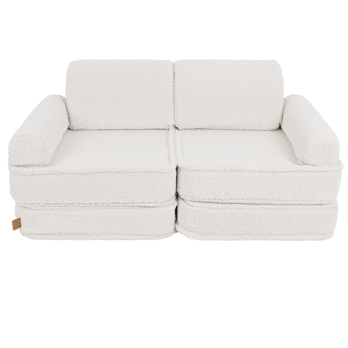 Bearly cream modular sofa front view assembled with side arm pillows and soft teddy fabric