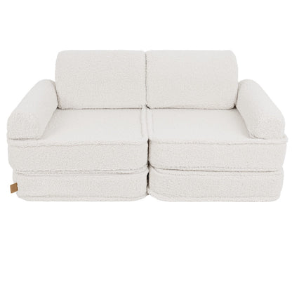 Bearly cream modular sofa front view assembled with side arm pillows and soft teddy fabric