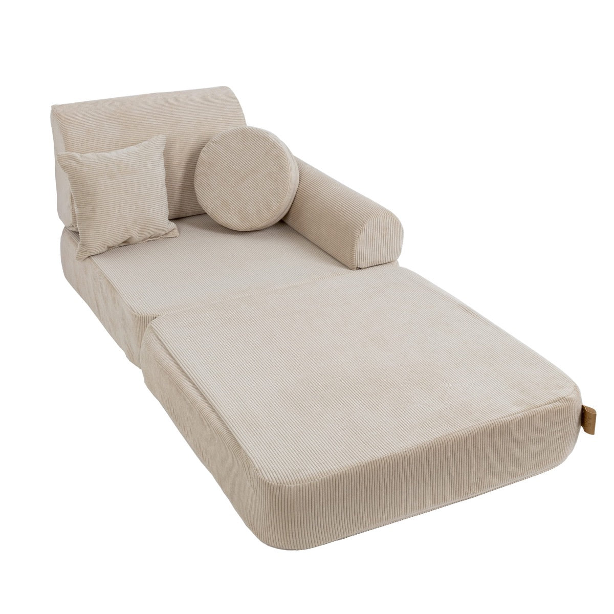 Single modular sofa seat converted to lounger with cylindrical bolster and square cushion support
