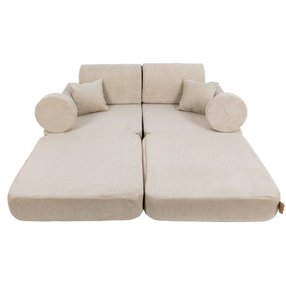 Top view of two-seat modular sofa in ecru with rolled armrests and decorative cushions
