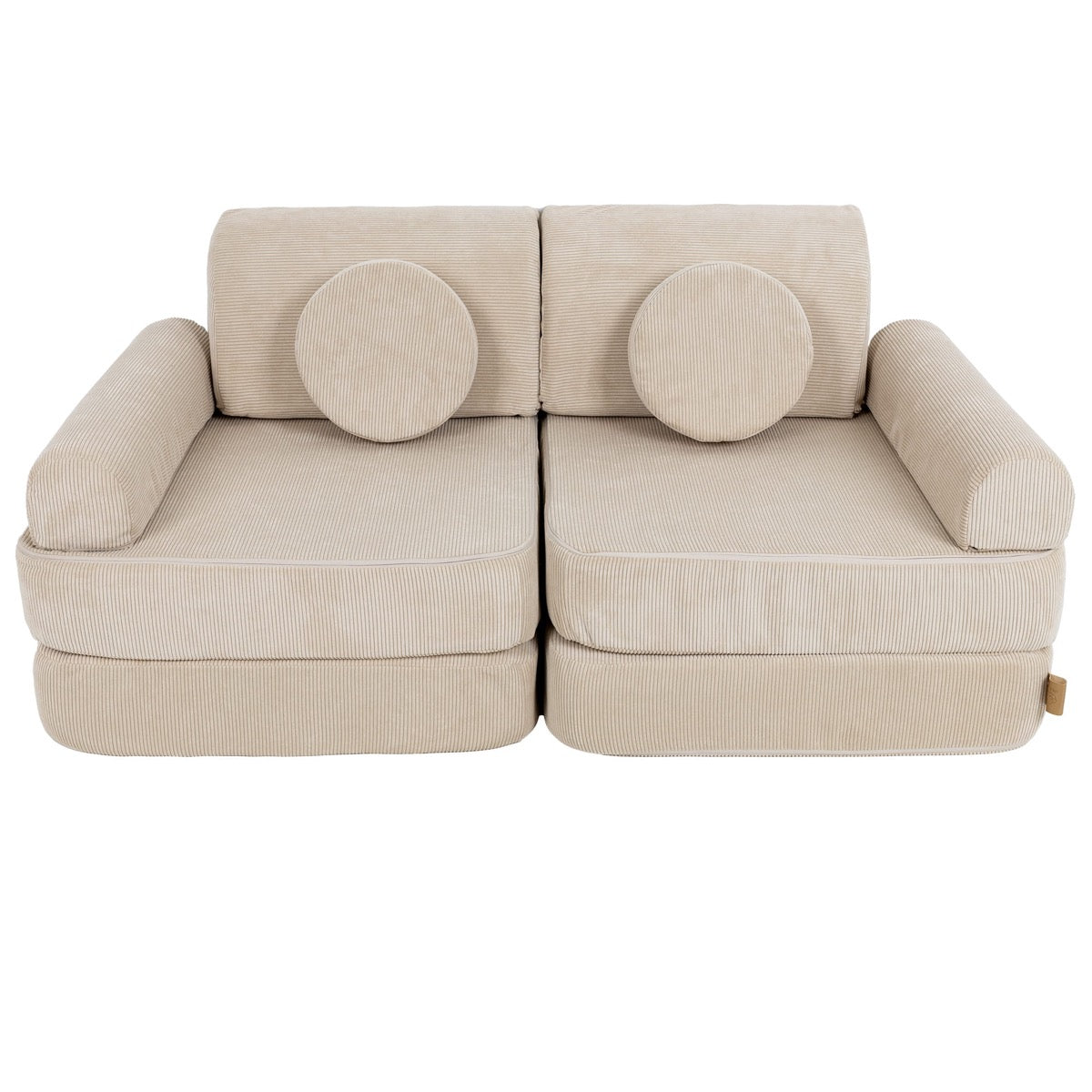 Medium modular sofa with round circle pillows on backrest and cylindrical side armrests
