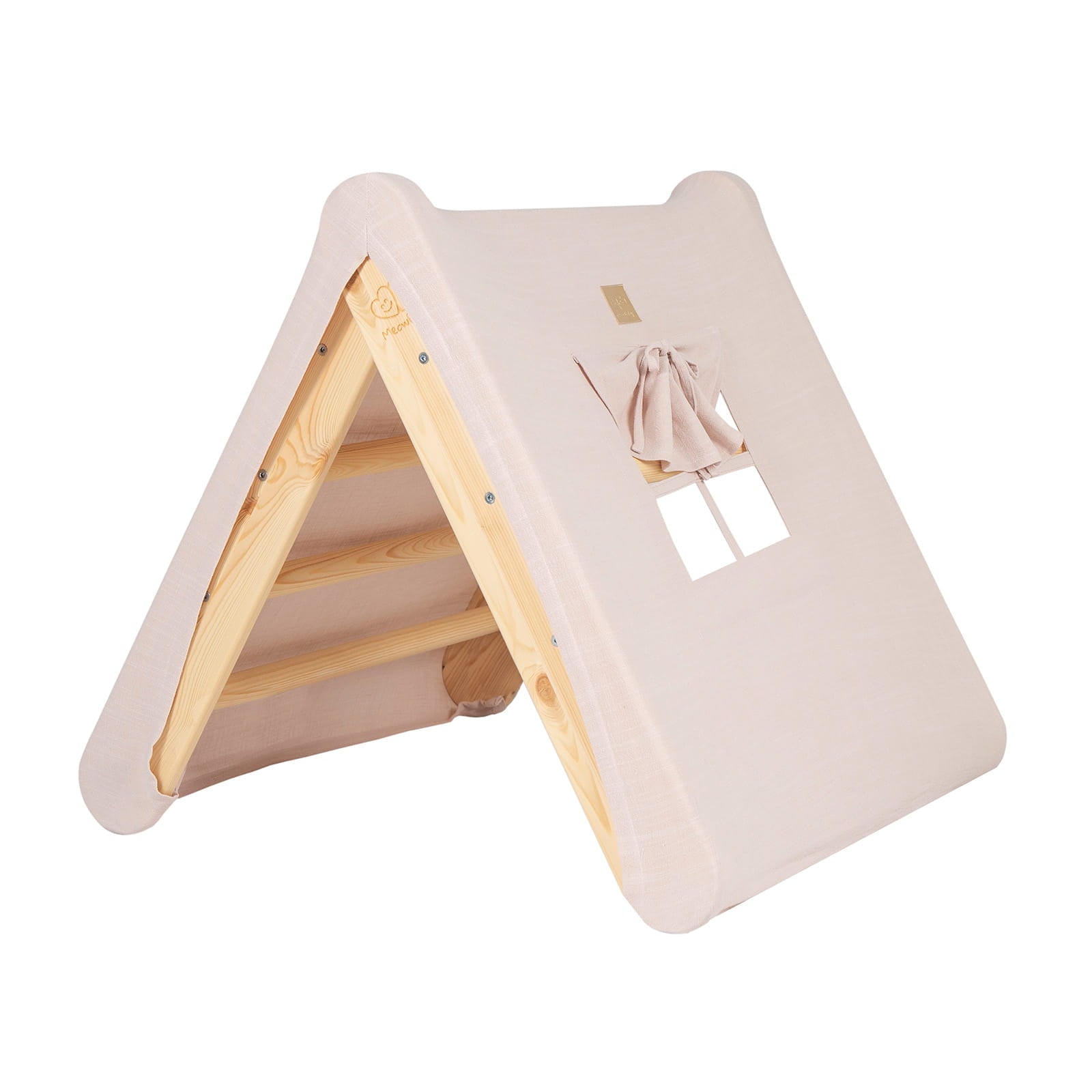Natural wood ladder with pink fabric tent cover complete assembly