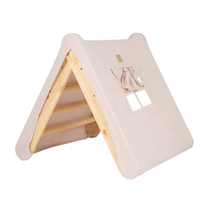 Natural wood ladder with pink fabric tent cover complete assembly