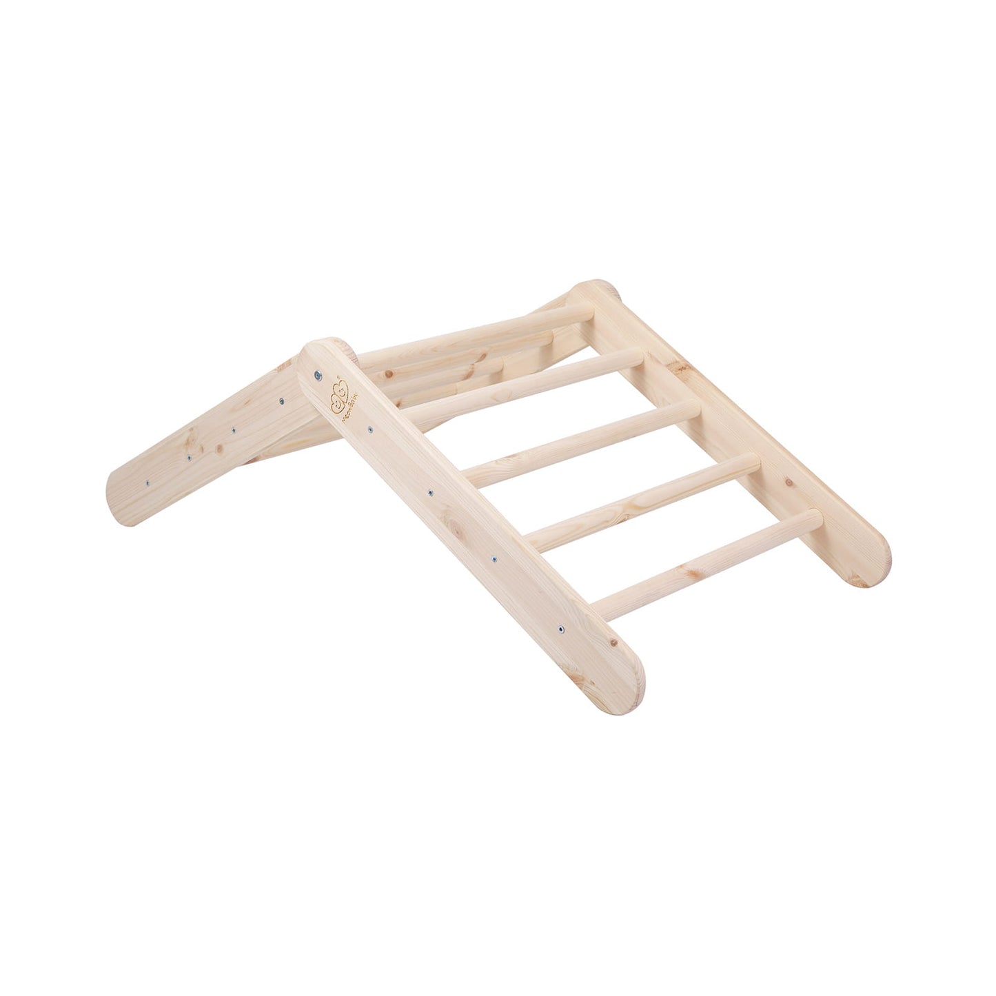 Natural wood climbing ladder tilted showing rungs and smooth finish