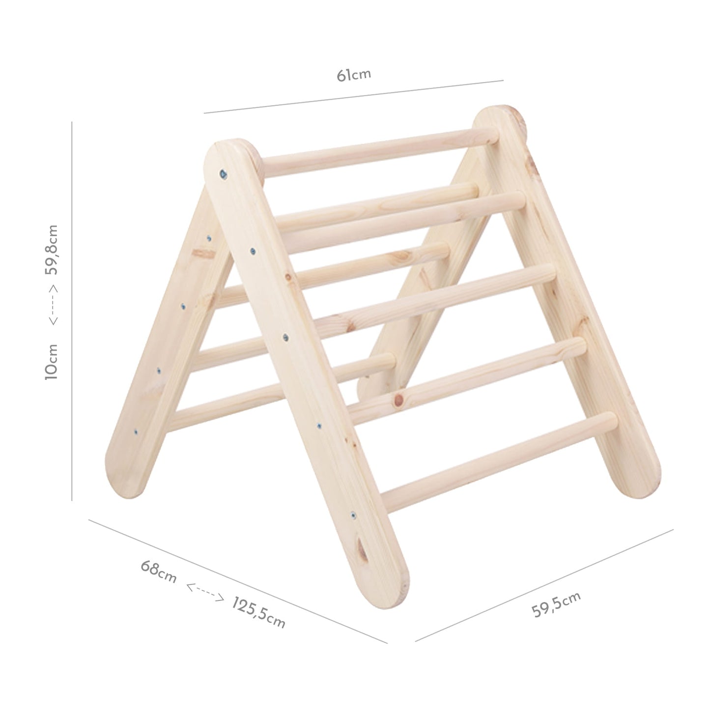 Natural wood ladder with dimensions marked, three-quarter view showing size