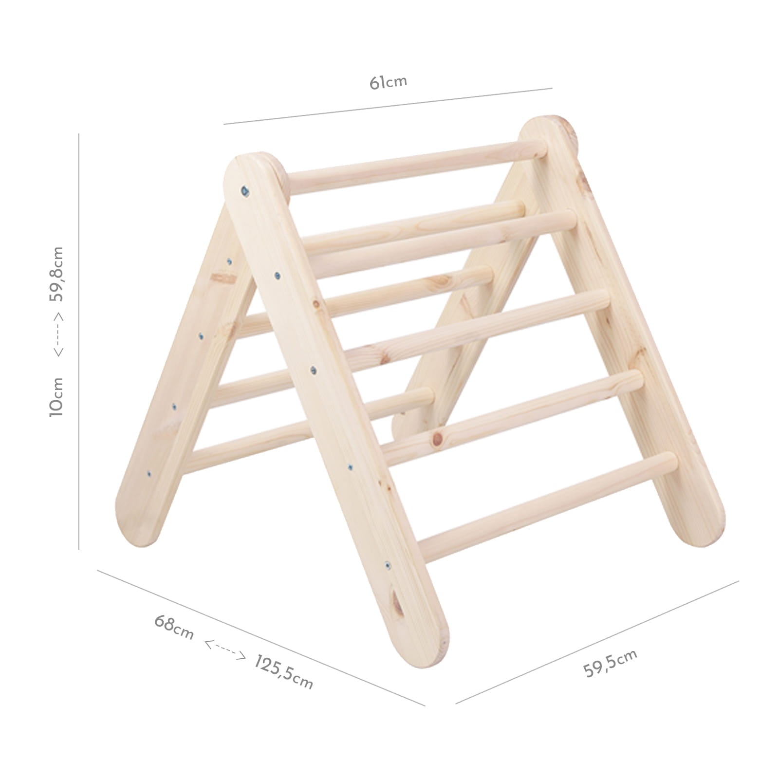 Natural wood ladder with dimensions marked, three-quarter view showing size