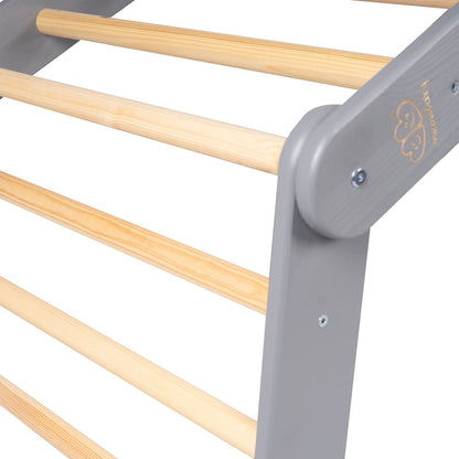 Close-up of grey frame corner showing natural wood rungs attached to grey wooden post