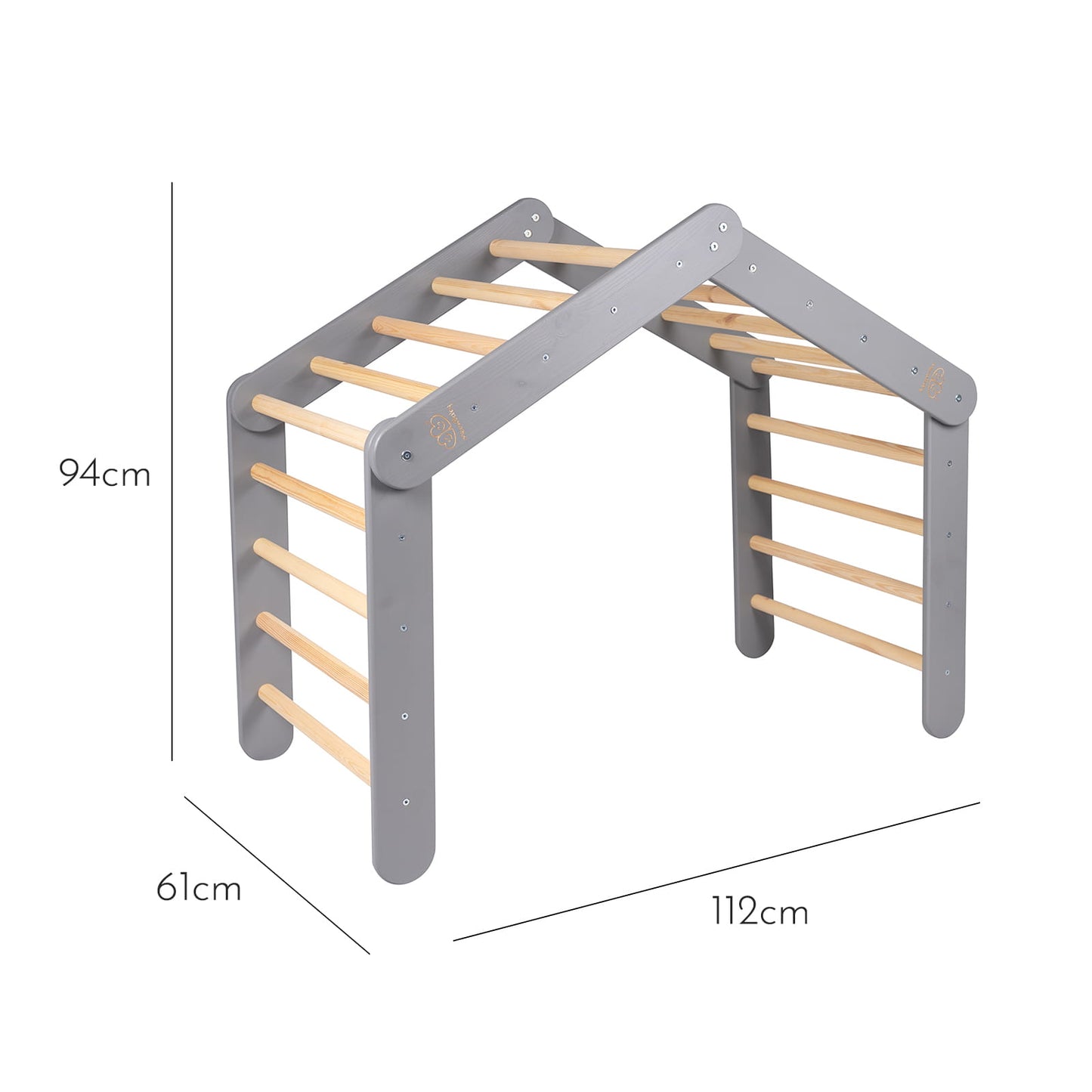 Assembled grey ladder house with dimensions marked: 94cm height, 112cm width, 61cm depth