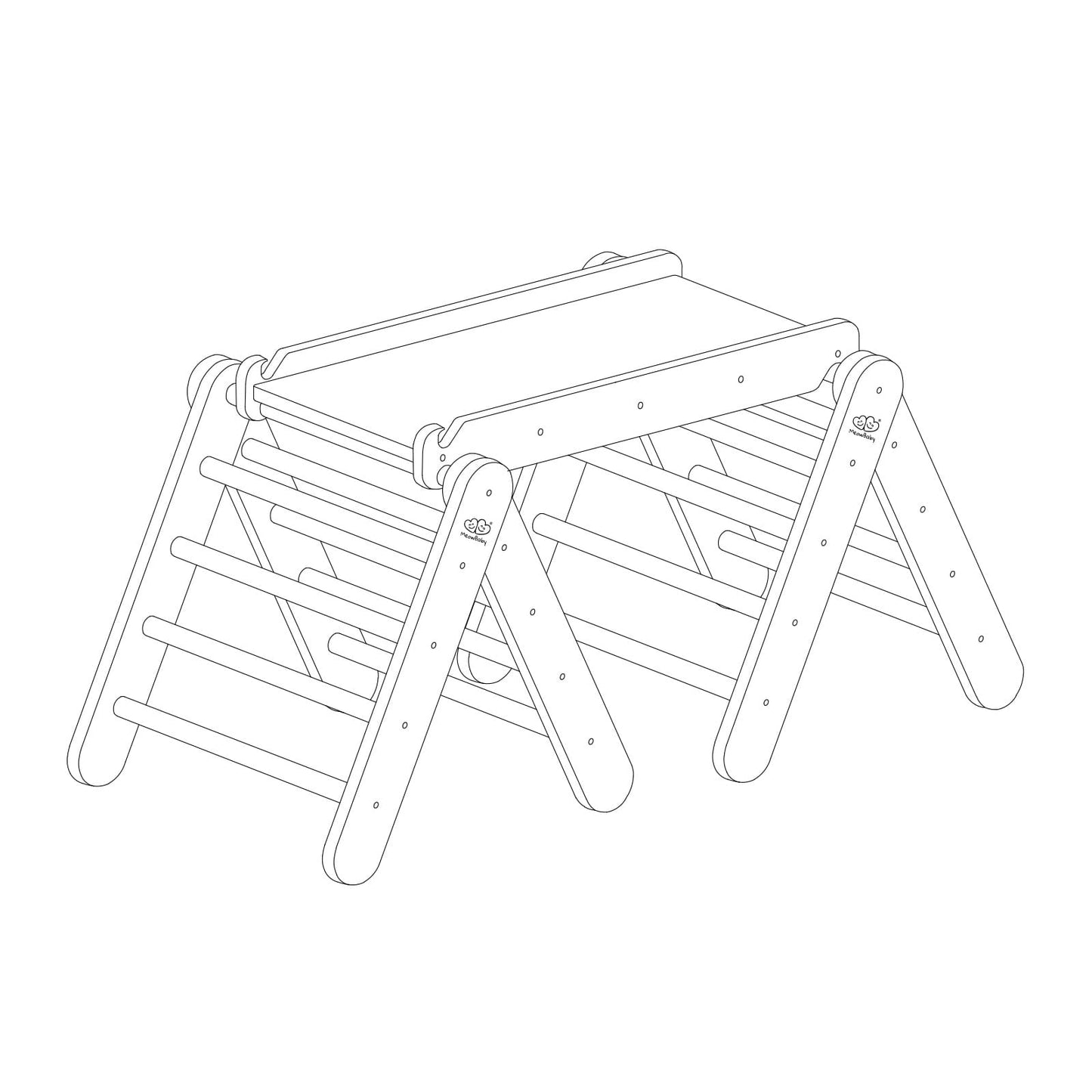White climbing triangle with slide and climbing frame diagram showing front view