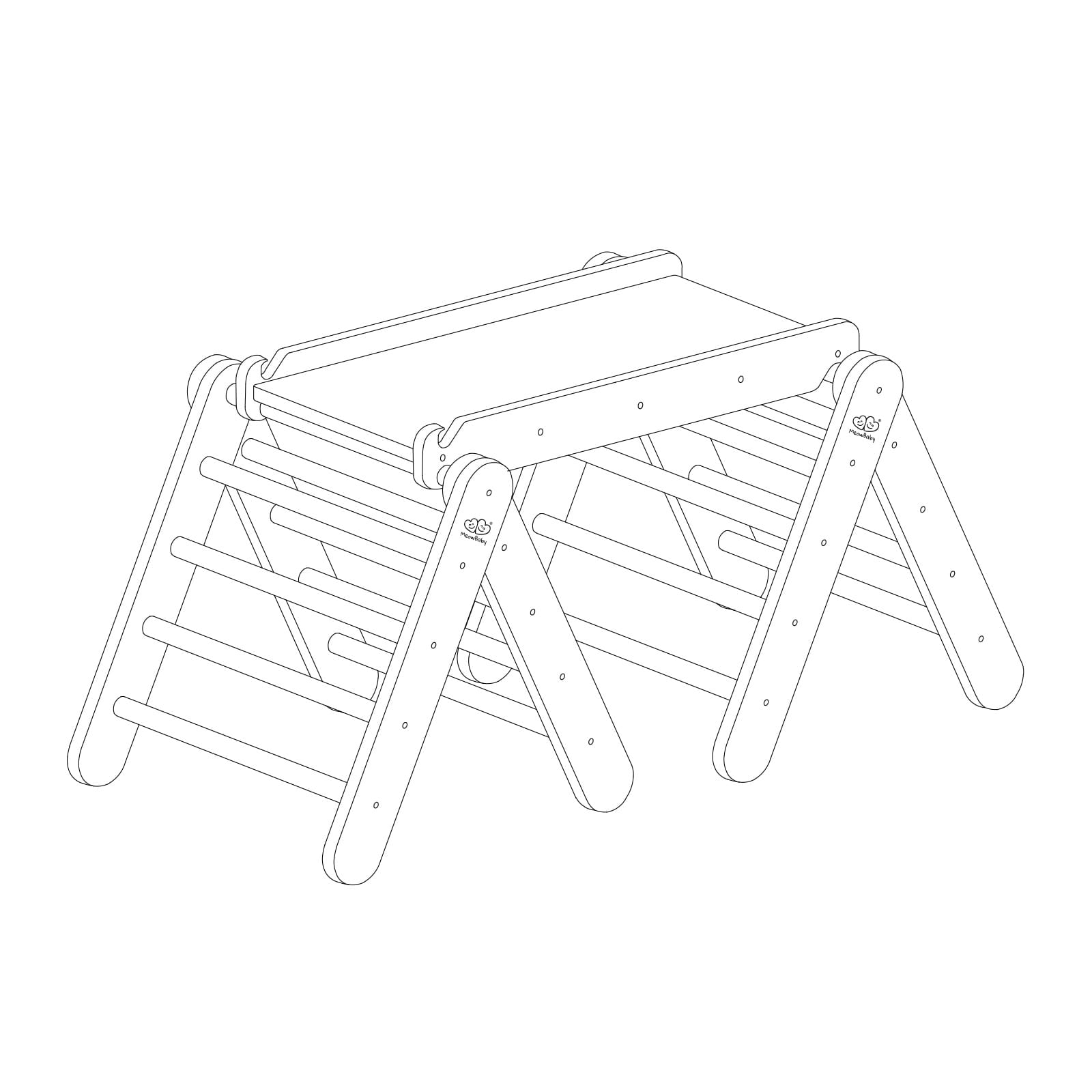 White climbing triangle with slide and climbing frame diagram showing front view