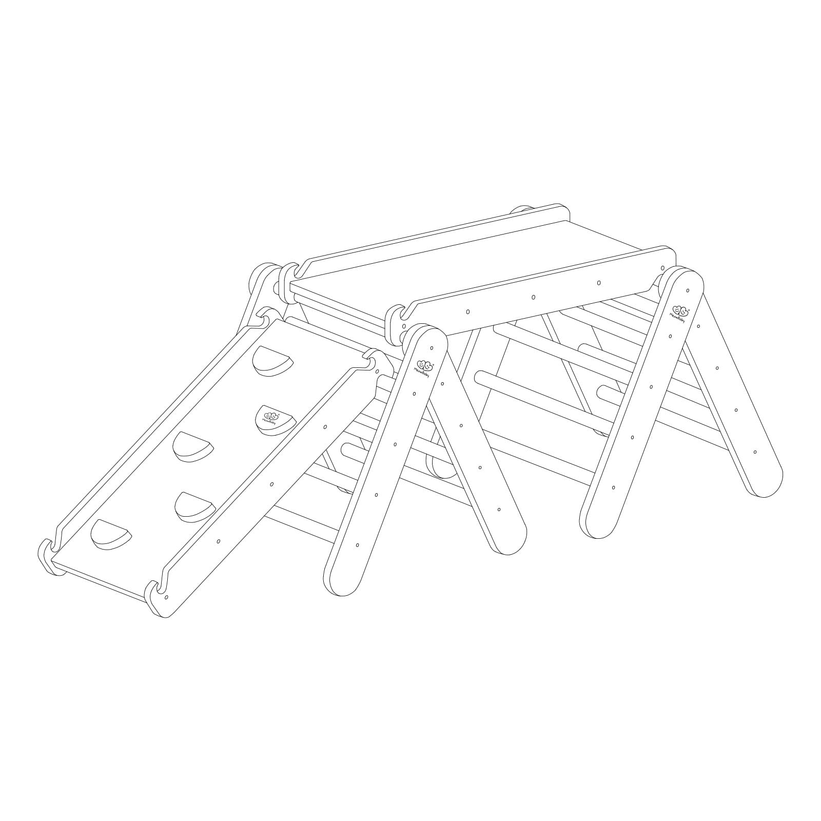 Climbing triangle with attached slide shown from side angle line drawing