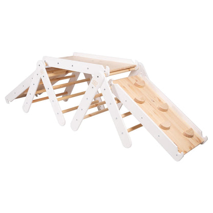 White and natural wood climbing triangle with slide fully assembled product photo