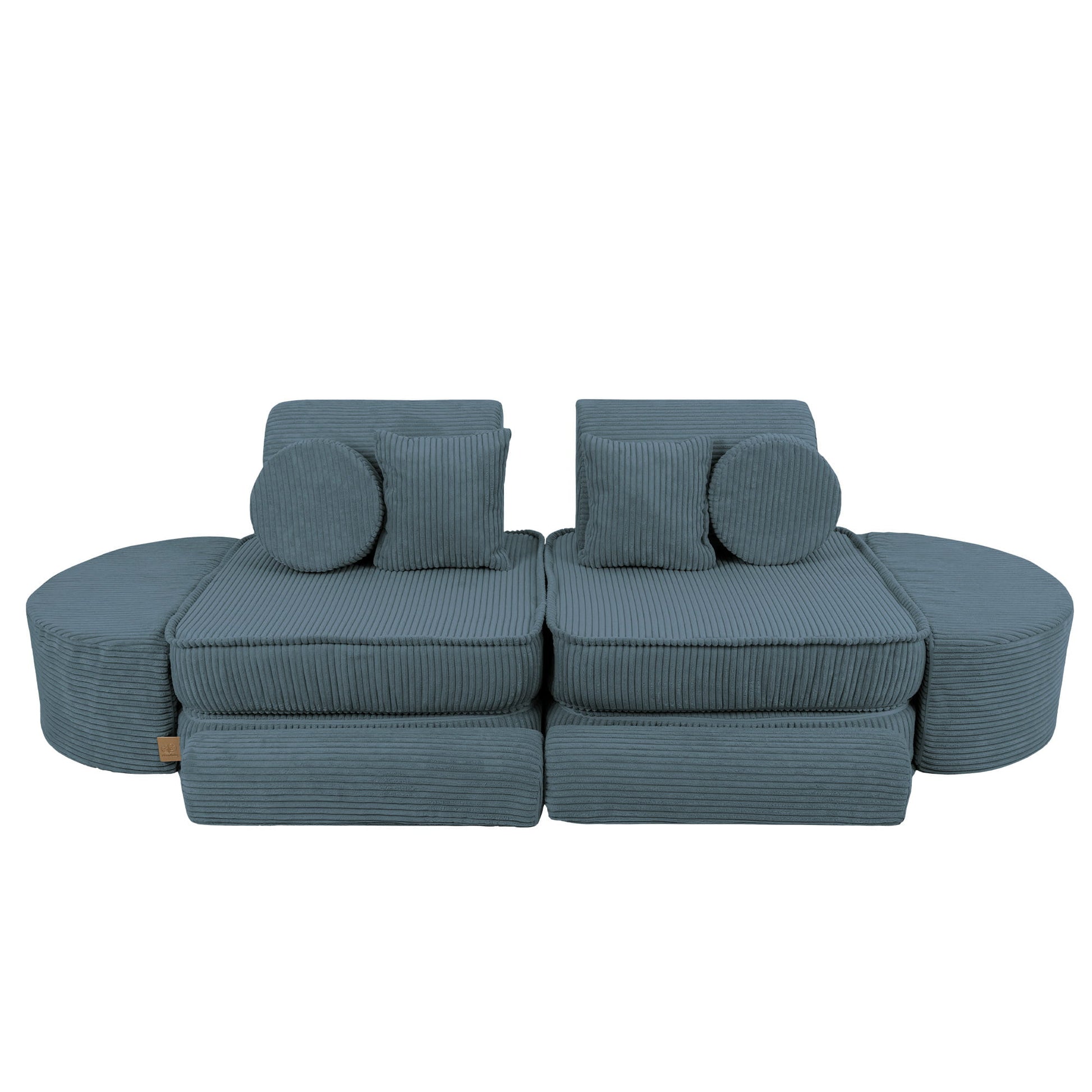 Turquoise modular kids sofa front view displaying two-seat configuration with round side ottomans