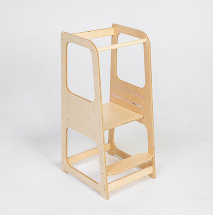 Gray helper tower step stool with enclosed safety panels, side view