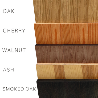 Five wood color options for step stools: oak, cherry, walnut, ash, and smoked oak